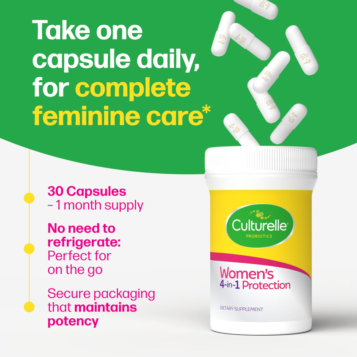 Culturelle 4-in-1 Probiotics for Women, Daily Probiotic & Prebiotic Supplement to Support Vaginal Health, Digestive Health, Immune Health