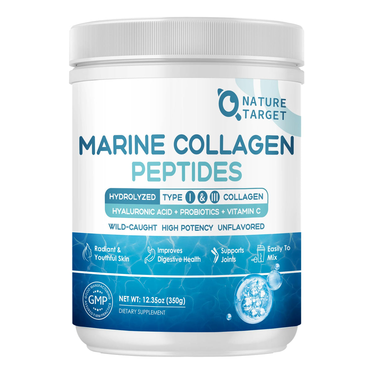 NATURE TARGET Marine Collagen Peptides Powder - Type I & III Collagen with Probiotics, Vitamin C & Hyaluronic Acid for Skin, Hair, Nails