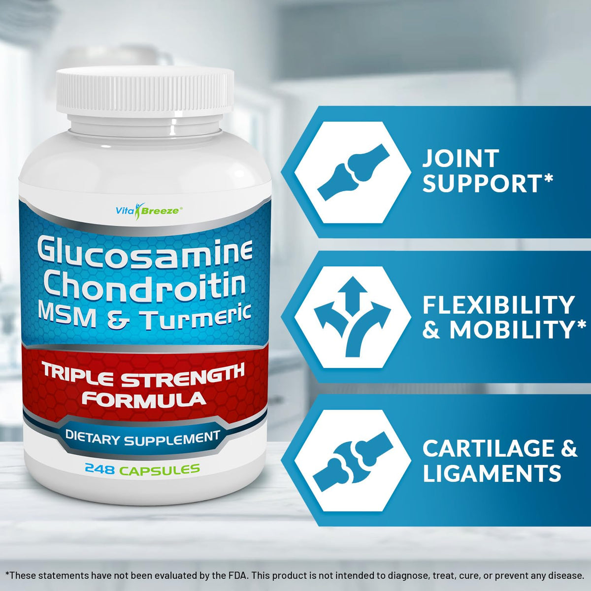 VitaBreeze Glucosamine Chondroitin, MSM & Turmeric Dietary Supplement - 248 Capsules