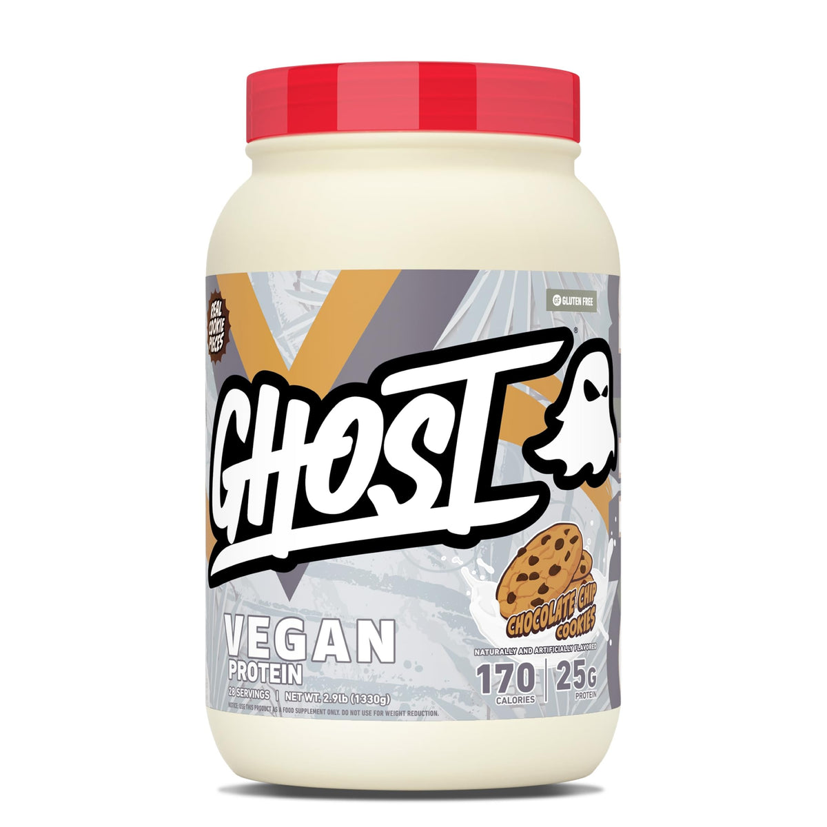 GHOST Vegan Protein Powder, Chocolate Chip Cookies – 2.9LB Tub, 25G of Protein - Plant-Based Pea & Organic Pumpkin Blend Protein with Fiber & Iron - Flavored Post Workout Shakes - Soy, Gluten Free