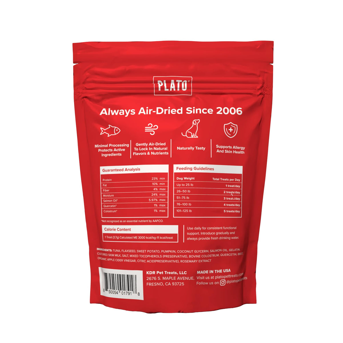 PLATO Pet Treats Air-Dried Wellness Chews for Dogs – Functional Dog Chews – Supports Skin Health & Allergy Relief – Salmon Oil, Colostrum & Quercetin Recipe 8oz