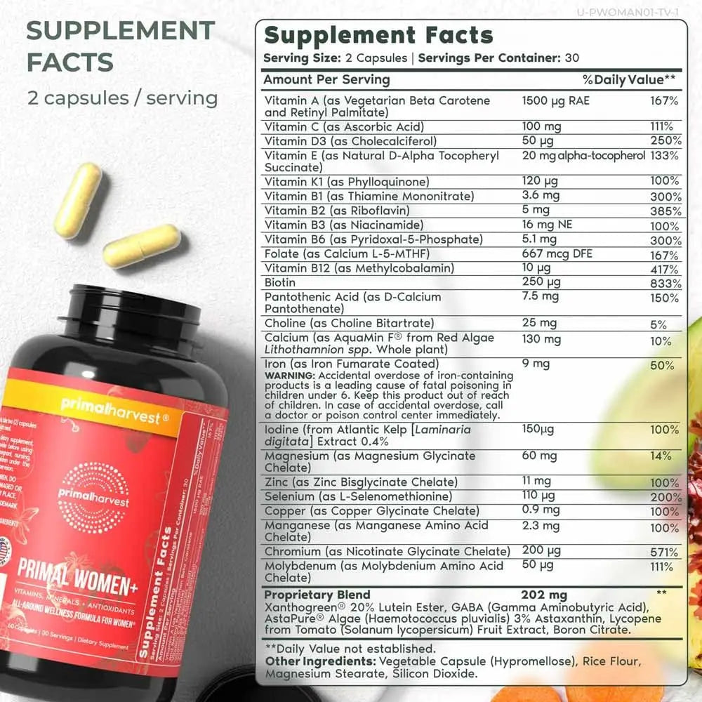 Primal Harvest Women+, Woman's Multivitamin Vitamin A, Vitamin C, Vitamin D and E, Vitamin B12, B6, Biotin, Zinc Supplements,1 Pack 60 Capsules Primal Harvest