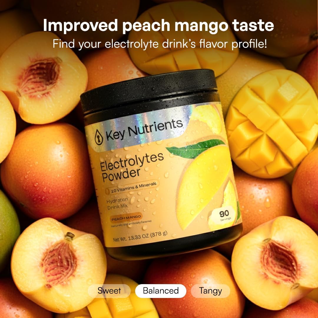 KEY NUTRIENTS Electrolytes Powder Bundle, Tropical Peach Mango 90 Servings Jar + Sweet Cherry Pom 90 Servings Jar, Sugar Free Hydration Drink Mix with Vitamins & Minerals, No Calories