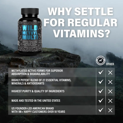 Wild Methylated Multivitamin for Women & Men | Daily Multi Vitamin | MTHFR Supplement Without Iron | Methylated B12, Folate, Vitamin C, A, K2, D, E Wild Foods