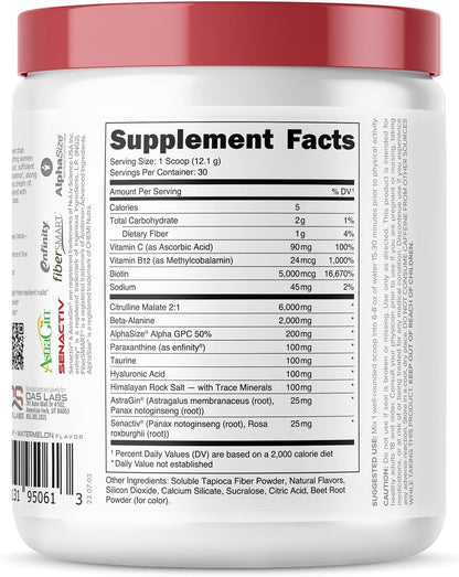 Babe Pre Workout powder for Women | Watermelon Splash | 6g Citrulline, 2g Beta-Alanine, 100mg Hyaluronic Acid, 5mg Biotin and 5 other registered trademarked ingredients | 30 servings | 12.8 OZ