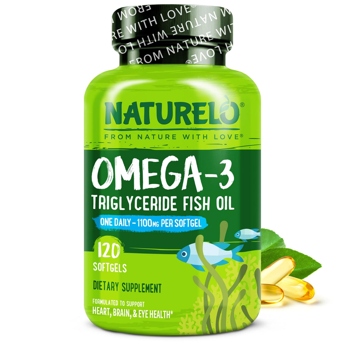 NATURELO Burpless Omega 3 Fish Oil Supplement - 1100mg Triglyceride Omega-3, EPA + DHA, Liquid Fish Oil for Heart, Eye, Brain, Joint Health