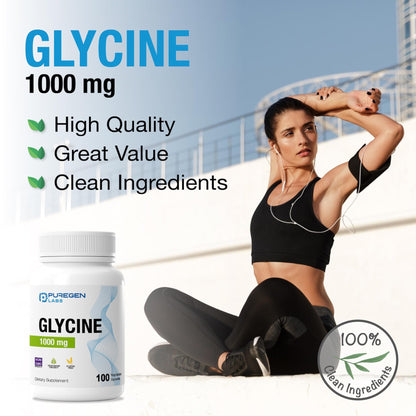 Puregen Labs Glycine 1000mg [High Potency] 100 Vegetarian Capsules, Promotes Healthy Rest | No Harmful Additives