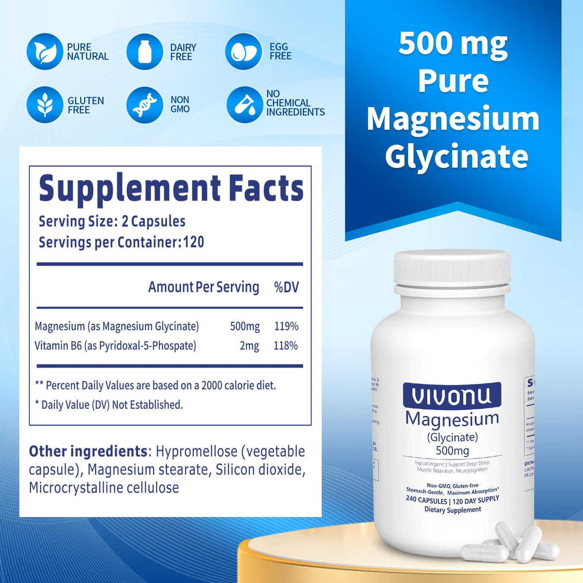 Pure Magnesium Glycinate 500mg, Magnesium Supplement with Vitamin B6 for High Absorption, Supports Stress Relief, Sleep, Muscle, Calm, Relaxation, Nerves* & Metabolism*, Non-GMO, 240 Vegan Capsules