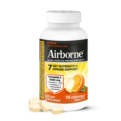 Airborne Vitamin C 1000mg (per Serving) - Citrus Chewable Tablets (116 Count in a Bottle), Gluten-Free Immune Support Supplement, with Vitamins A C E, Zinc, Selenium