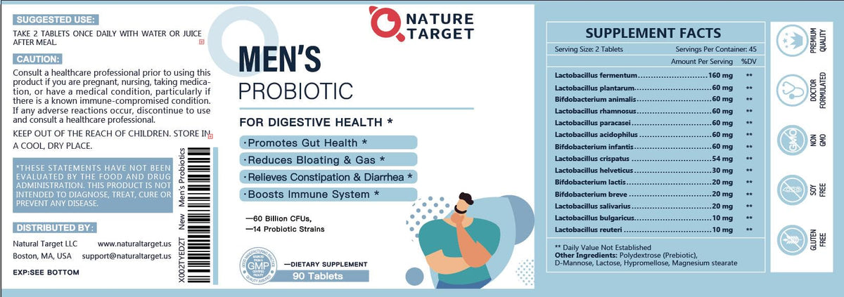 NATURE TARGET Probiotics for Men with Men Care Supplement, Prebiotics & Probiotic for Men's Digestive and Immune Health,60 Billion CFUs & 14 Strains Shelf Stable,