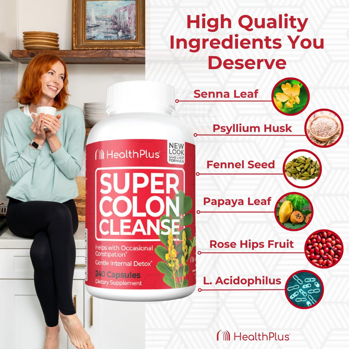 Health Plus Super Colon Cleanse Detox Capsules, 60 Day Supply, 240 Ct | Capsules with senna and psyllium husk, 120 servings; may support occasional constipation relief and gentle gut cleansing