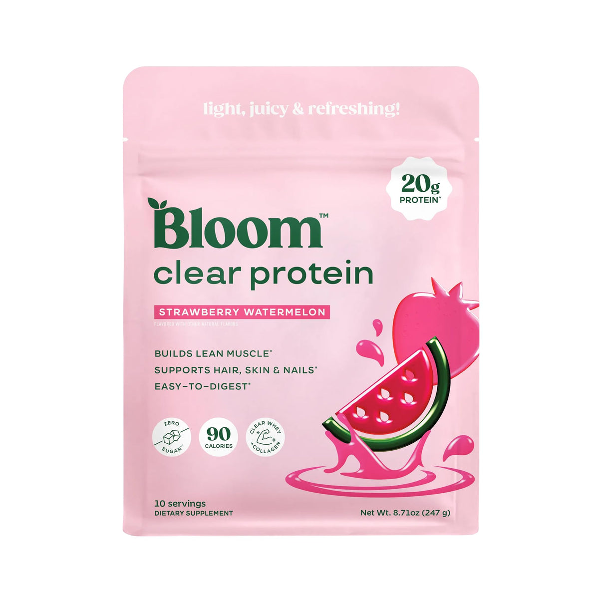 Bloom Clear Protein, Whey Protein Isolate with Collagen Peptides and Digestive Enzymes, 20g Protein, Sugar Free Post Workout Drink Mix, 90 Calories,