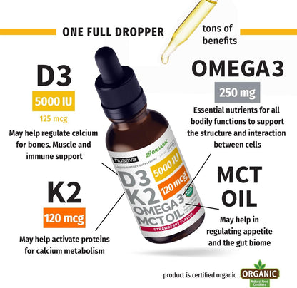 NUSAVA Unflavored, Strawberry Flavored, & Vanilla Flavored D3 K2 Liquid Drops Bundle - Potent Liquid Vitamins for Heart, Joint, Bone, Muscle, & Immune Support - Non-GMO, Gluten-Free, 2pk Each