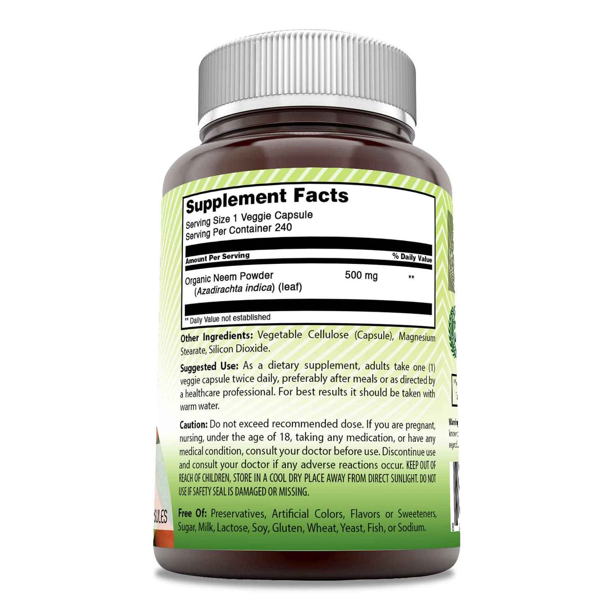 Amazing India Neem (Made with Natural Neem Leaf) 500 mg Veggie Capsules Supplement | Non-GMO | Gluten Free | Made in USA | Suitable for Vegetarians (240)
