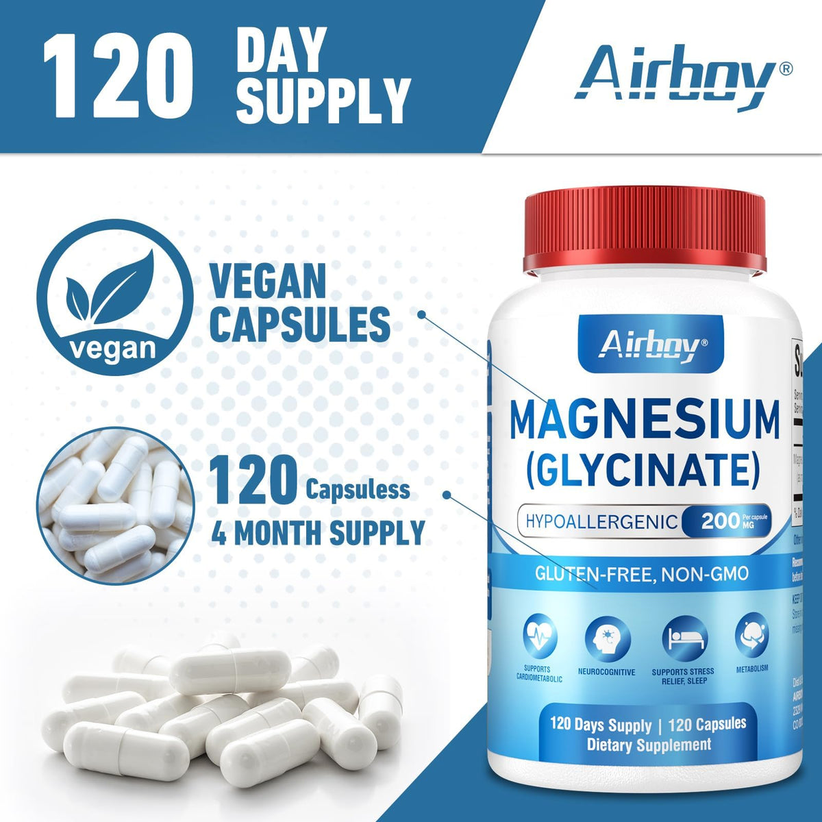 Airboy Magnesium Glycinate 200 mg, Best Magnesium Glycinate for Sleep,120 Vegan Small Capsules, High Absorption Support Relaxation, Sleep and Calm Mood,Non-GMO and No Gluten
