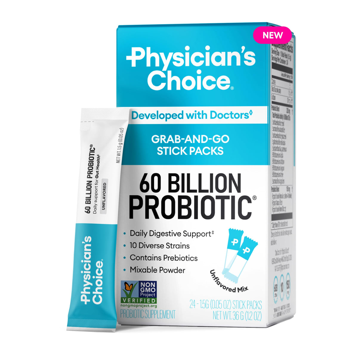 Physician’s Choice 60 Billion CFU Probiotic Stick Packs - 10 Strains + Prebiotics - Immune, Digestive & Gut Health - Supports Occasional Constipation, Diarrhea, Gas & Bloating - for Women & Men - 24CT