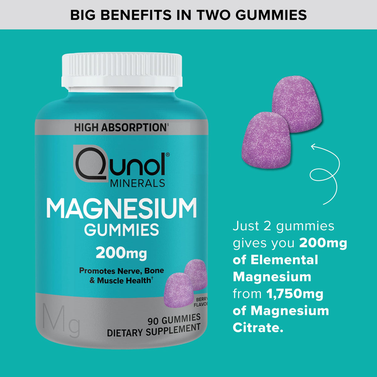 Qunol Magnesium Gummies for Adults, 200mg Elemental Magnesium (from 1,750mg Magnesium Citrate), High Absorption Magnesium Supplement, Supports Nerve,