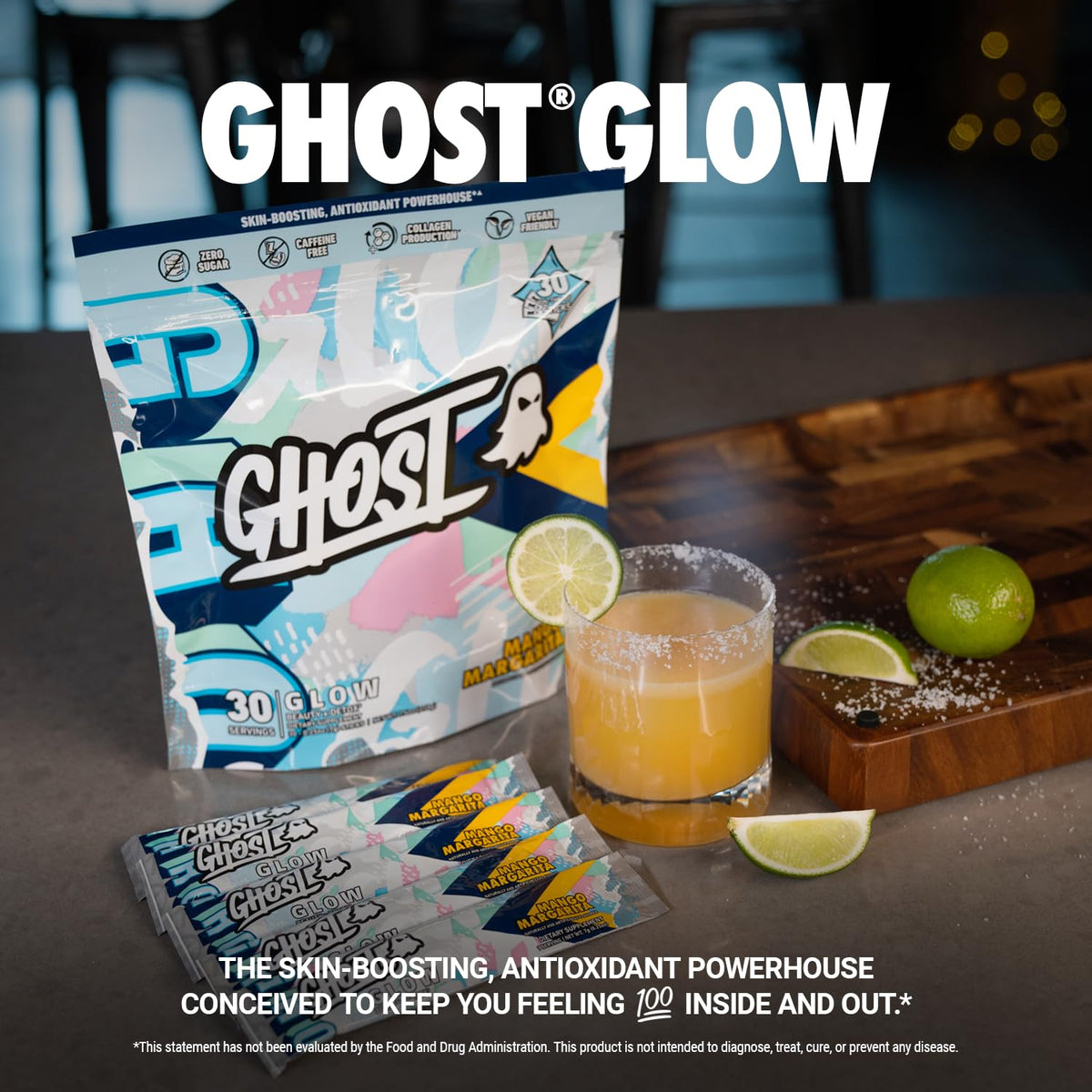 GHOST Glow Sticks: Beauty and Detox Supplement - 30 On-The-Go Stick Packs, Mango Margarita - Hyaluronic Acid, Biotin & L-Theanine for Skin-Boosting Support - Sugar Free, Gluten Free