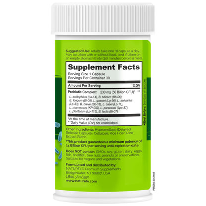 NATURELO Probiotics for Digestive Health, 50 Billion CFU, 30 Vegetarian Capsules, 11 Strains, Daily Use Supplement, Delayed Release, No-Fridge, Helps Boost Immune System,