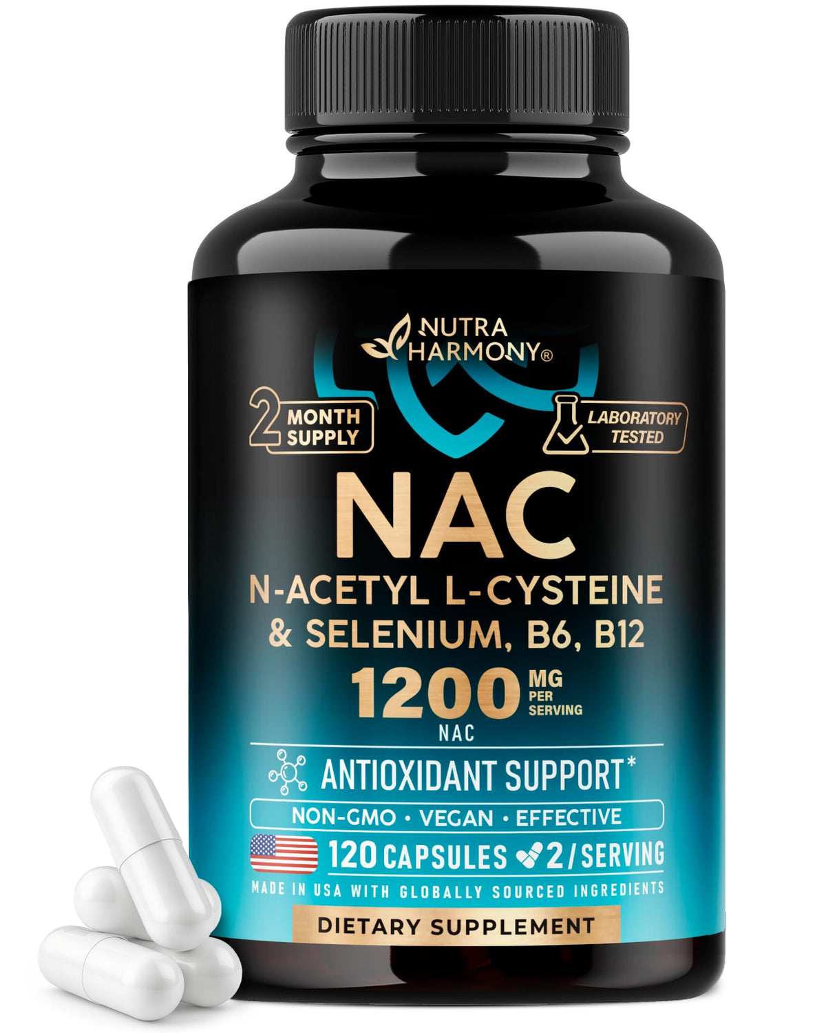 NAC Supplement | Selenium | B6 | B12 - Antioxidant, Immune Support - N Acetyl Cysteine 600 mg per Capsule, 1200 mg per Serving - Lab Tested - Non-GMO, Gluten-Free, Vegan - 120 caps, 2 Month Supply