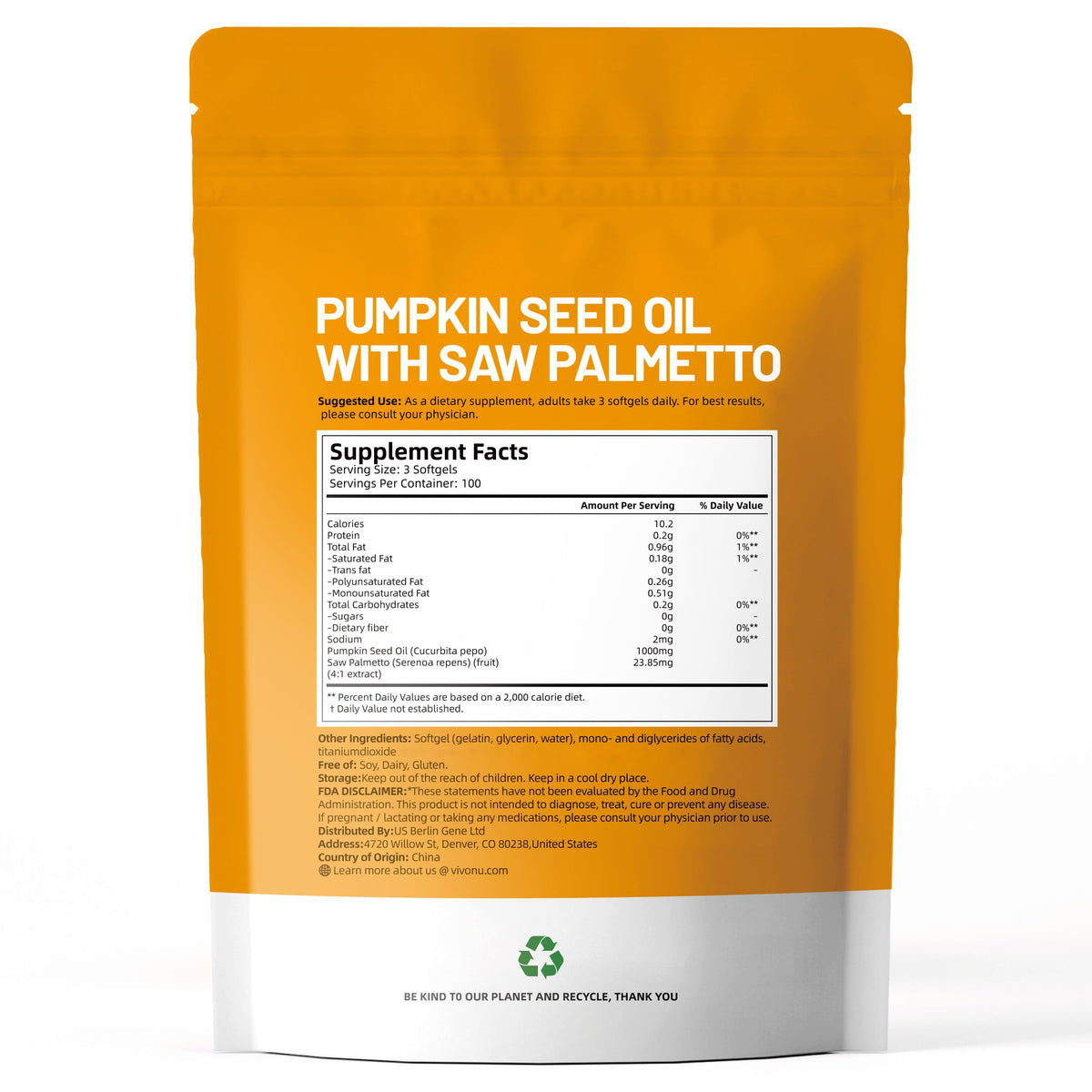 VivoNu Pumpkin Seed Oil with Saw Palmetto Capsules,3800mg 300 Softgels | Cold Pressed,Pure Virgin Oil,Essential Fatty Acids&Phytosterols | Supports Hair,Urinary,Bladder&Prostate Health|Non-GMO
