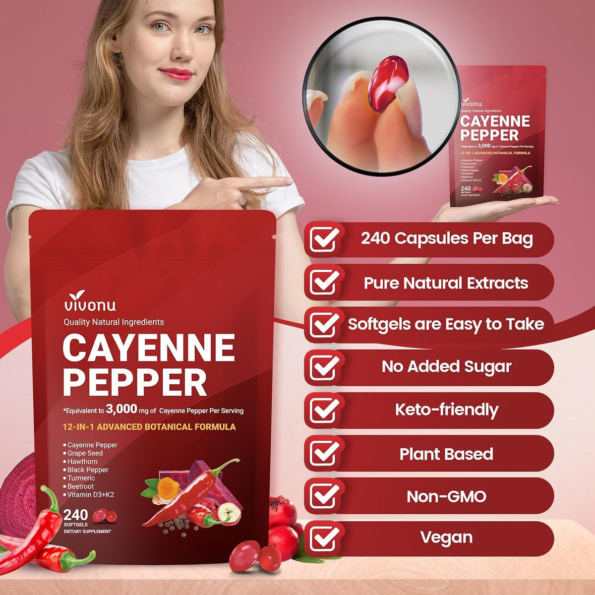 Cayenne Pepper Softgels Supplement, Supports Leg Vein, Heart and Blood Vessel Health, with Vitamin E D3+K2 and Extracts of Grape Seed, Hawthorn, Beetroot, Berberine and Others (Softgels / 2 Bag)