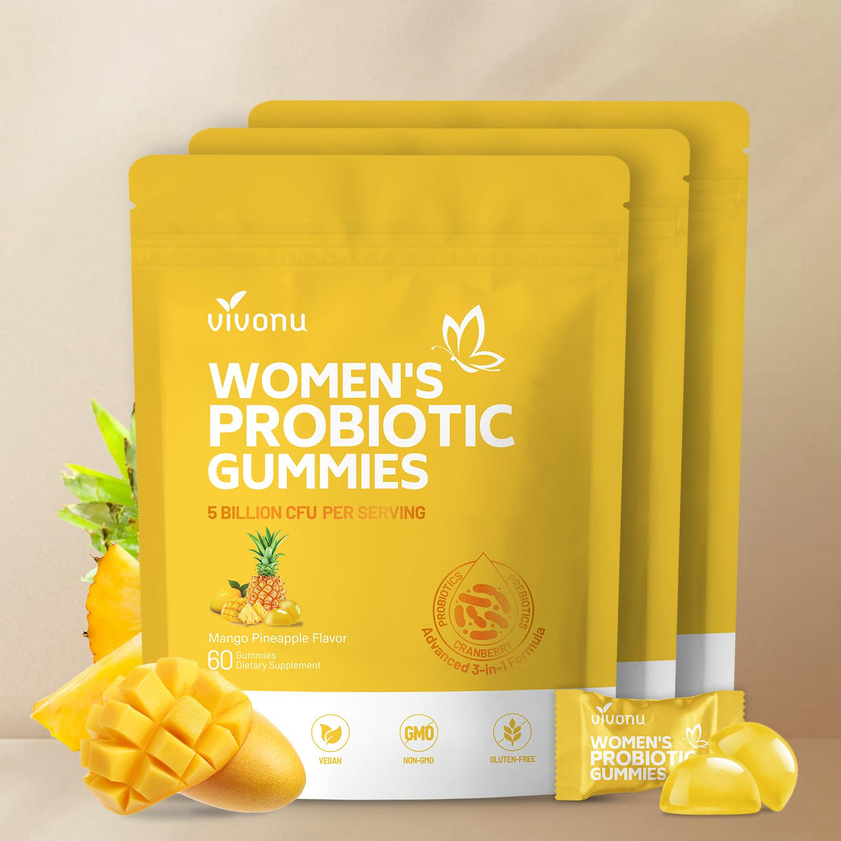 VivoNu Pineapple Gummies for Women Ph, Women Probiotic Gummies, Feminine Balance Gummy, Mango Pineapple Viginal Probiotics for Woman Vaginigal Health, Yeast Ph Balance