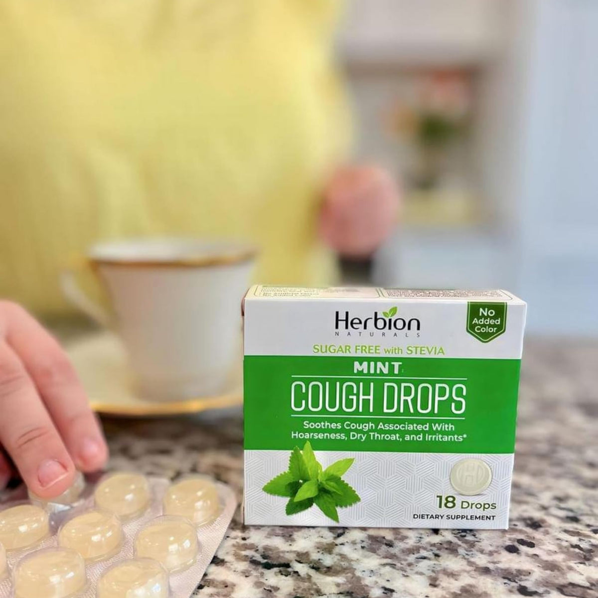 HERBION Naturals Cough Drops, Sugar Free with Stevia, Dietary Supplement, Soothes Cough, for Adults & Children Over 6 Years, 18 Count, Mint, Pack of 1