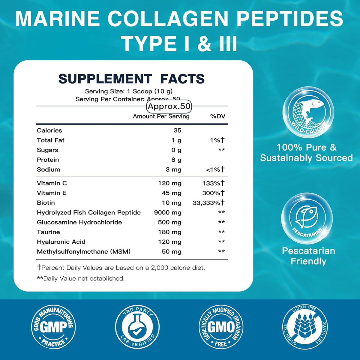 DRFOSTER Marine Collagen Peptides Powder, Multi Type I & III, 50 Servings | Wild-Caught Fish Collagen with MSM, Hyaluronic Acid, Vitamins C & E for Skin, Hair, Nails, Non-GMO