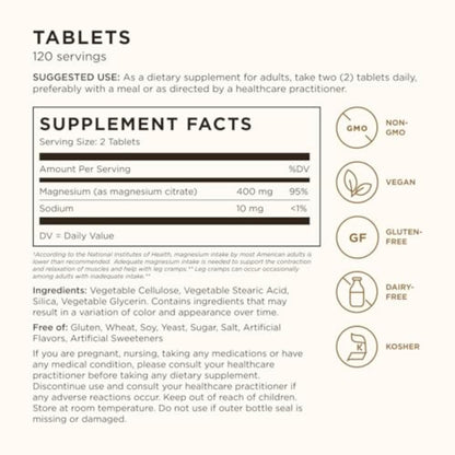 Solgar Magnesium Citrate, 120 Tablets - Promotes Healthy Bones - Supports Nerve & Muscle Function - Non GMO, Vegan, Gluten Free, Dairy Free, Kosher - 60 Servings, Standard Packaging