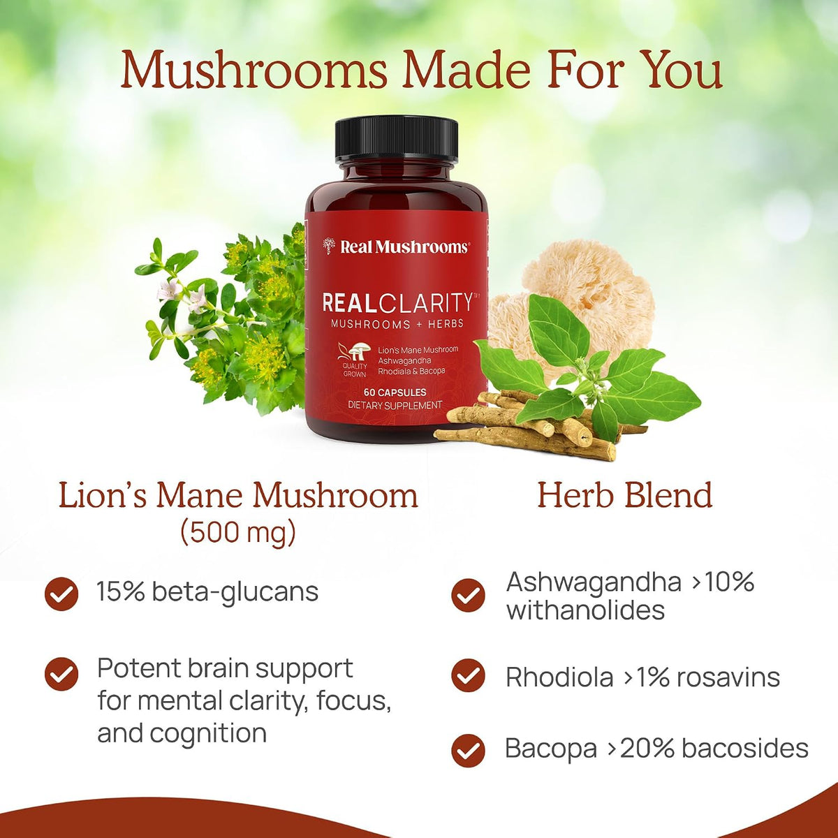 Real Mushrooms RealClarity (60ct) and Lions Mane (120ct) Capsules Bundle - Mushroom Supplement for Brain Health, Mental Clarity, Focus, Cognition & Immune Support - Brain Vitamins w/Ashwagandha