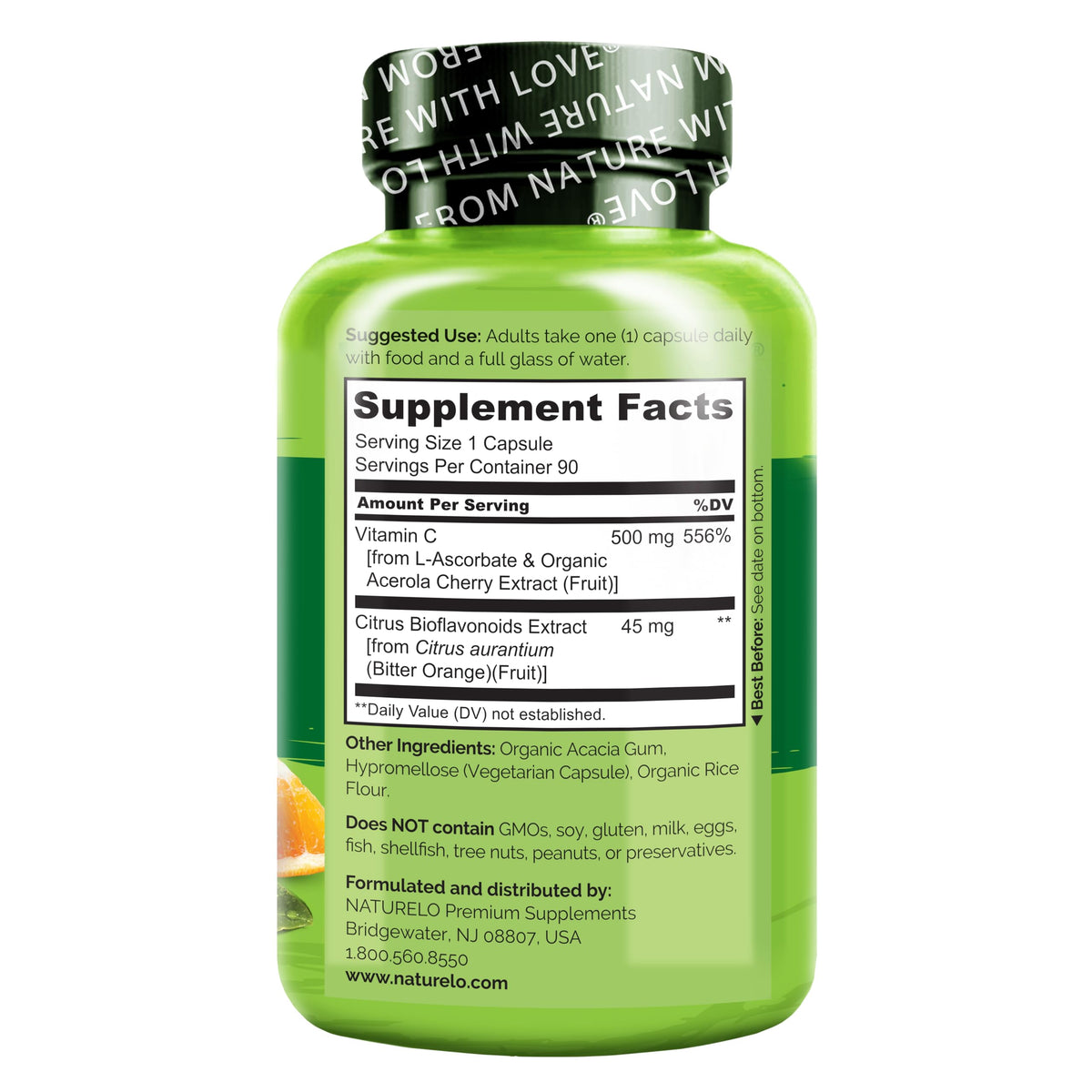 NATURELO Vitamin C with Organic Acerola Cherry Extract and Citrus Bioflavonoids - Vegan Supplement - Immune Support - 500 mg VIT C per Cap