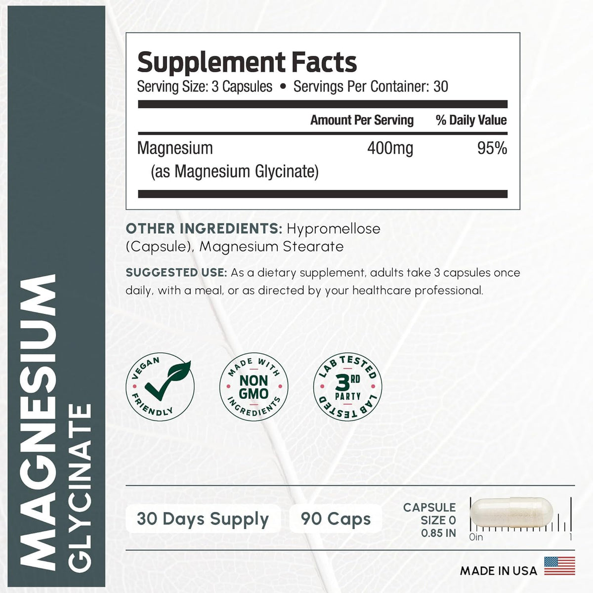 Pure Magnesium Glycinate 400mg Serving - High Absorption Magnesium Glycinate - Mag Bisglycinate for Stress, Bones, Muscles, Nerves,