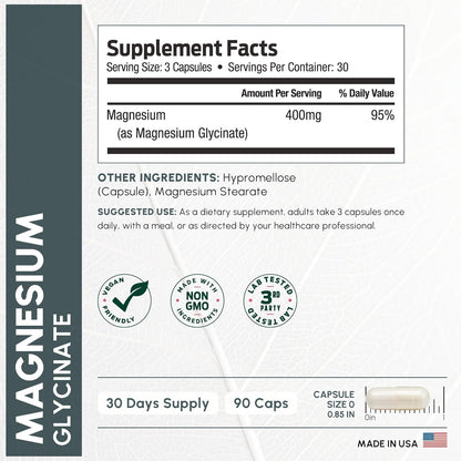 Pure Magnesium Glycinate 400mg Serving - High Absorption Magnesium Glycinate - Mag Bisglycinate for Stress, Bones, Muscles, Nerves,