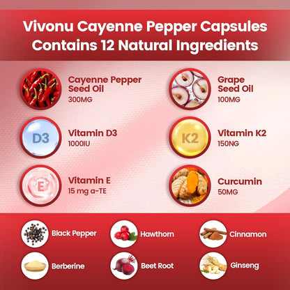 Cayenne Pepper Softgels Supplement, Supports Leg Vein, Heart and Blood Vessel Health, with Vitamin E D3+K2 and Extracts of Grape Seed, Hawthorn, Beetroot, Berberine and Others (Softgels / 2 Bag)