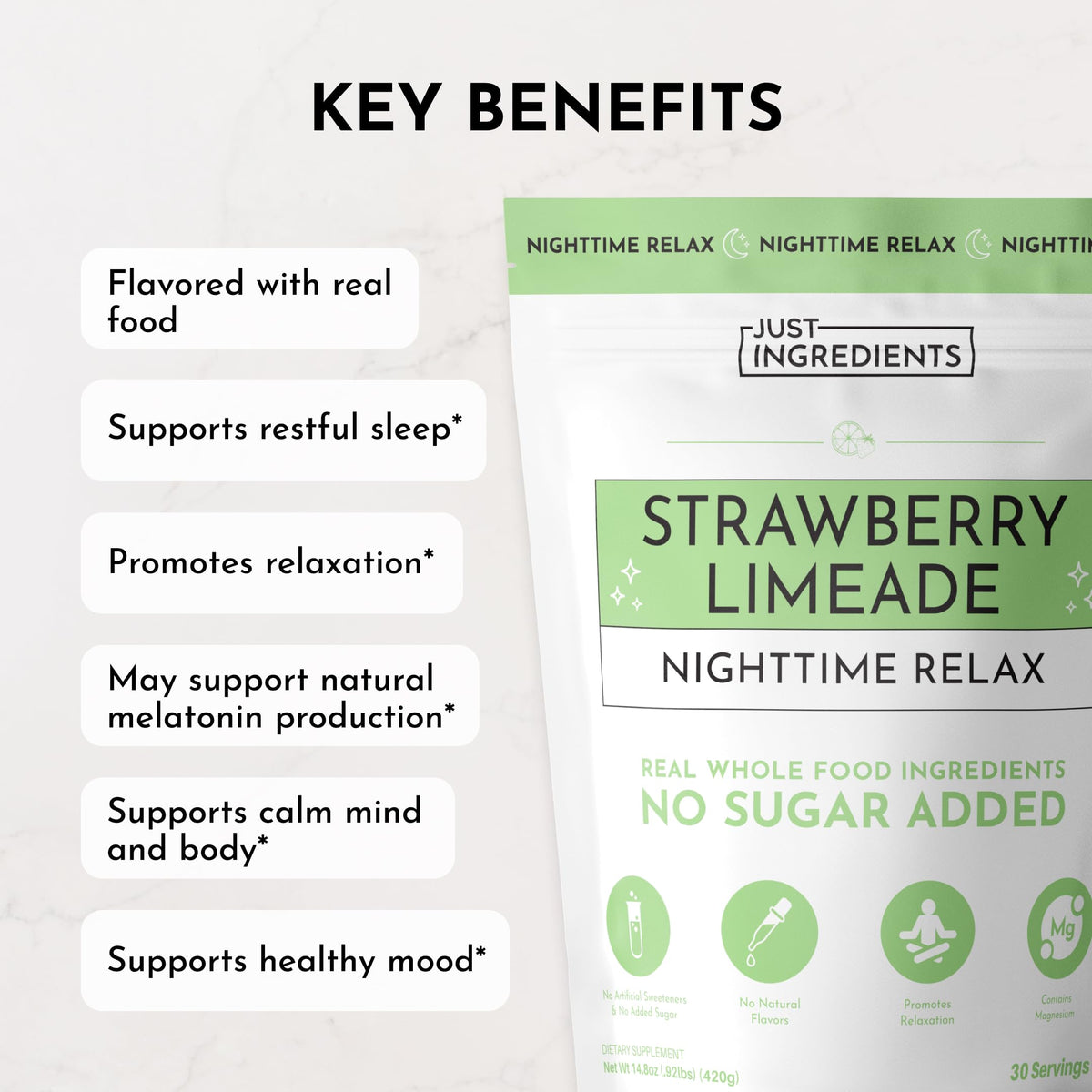 JUST INGREDIENTS Strawberry Limeade Sleep Support Powder - Nighttime Relaxation Supplement - 5.4 oz