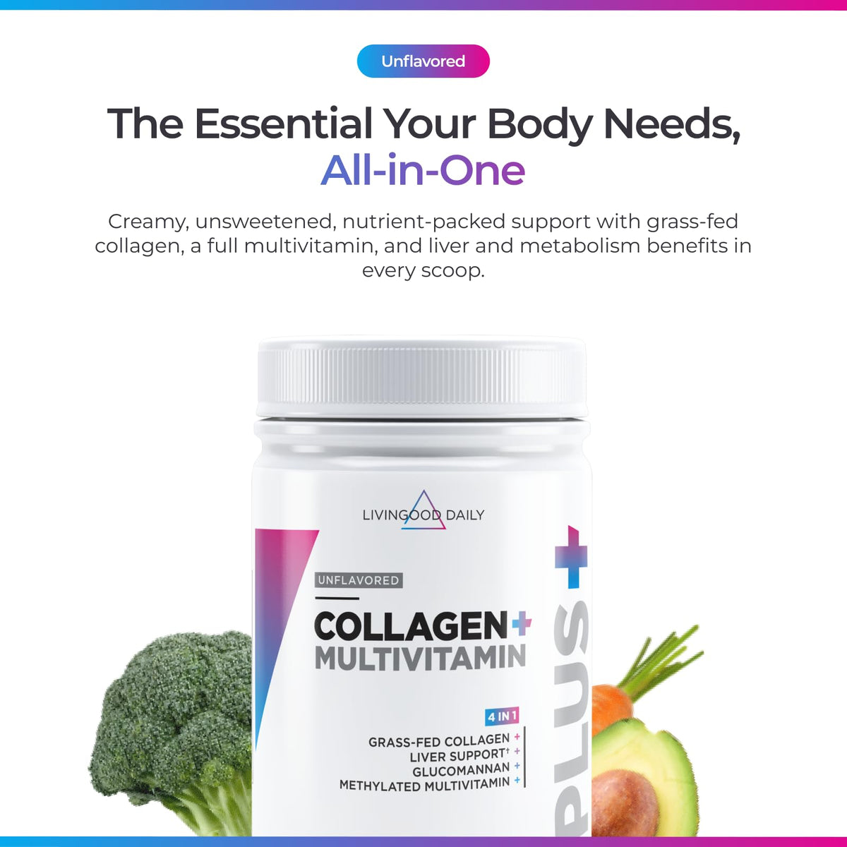 Livingood Daily Collagen Powder for Women and Men, Vanilla, Grass Fed Protein, Hydrolyzed Collagen Peptides with Vitamin C & Multi Vitamins for Hair, Skin, Nail & Gut Health, Gluten Free, 30 Servings