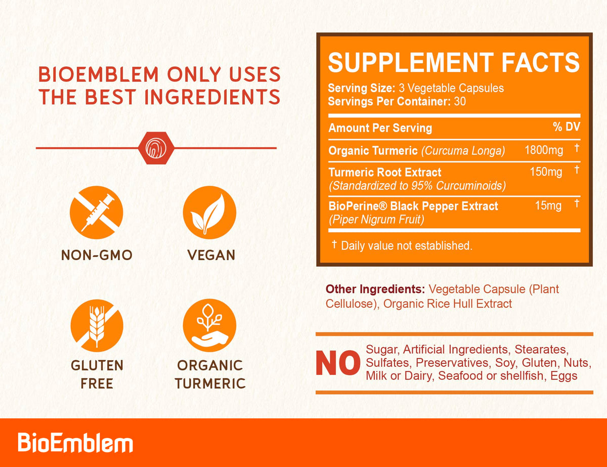 BioEmblem Turmeric Curcumin Supplement with BioPerine | Joint Support & Heart Health | with Organic Turmeric Powder & 95% Curcuminoids Extract | California Made, Non-GMO, 30-Day Supply