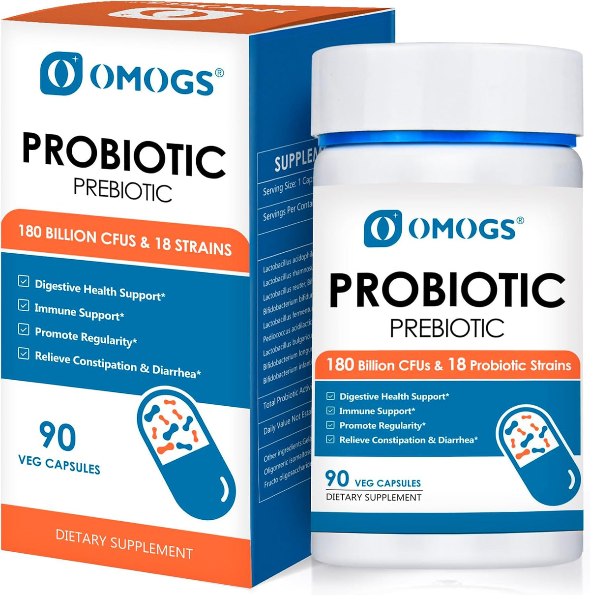 OMOGS Probiotics 180 Billion CFUs 18 Strains, 3 Prebiotics, Helps Digestive, Gut Health, Immune, Supports Occasional Constipation, Diarrhea & Gas - for Women & Men, 90 Capsules