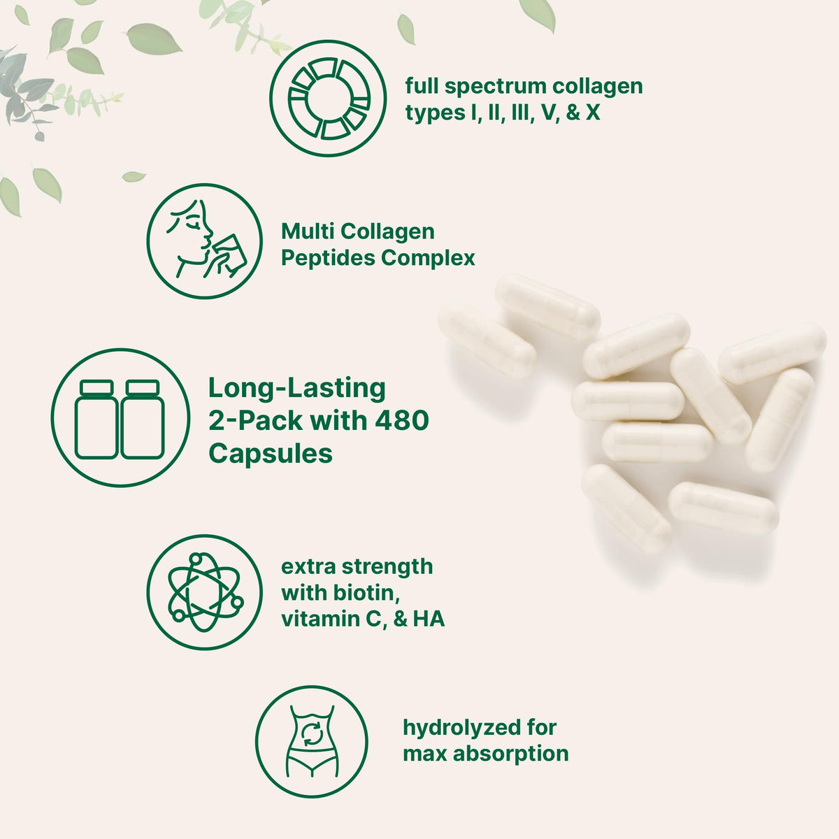 Micro Ingredients Multi Collagen Peptides Pills, 240 Capsules | For Women & Men. Type I, II, III, V, X. Hydrolyzed Collagen Supplement with Biotin, Hyaluronic Acid & Vitamin C. Filler Free.