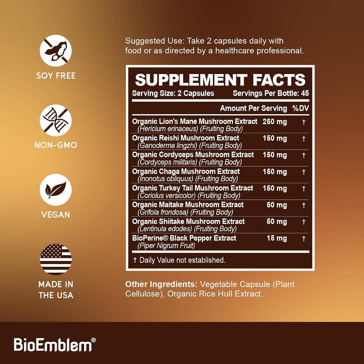 BioEmblem Mushroom Complex - 10:1 Strength and 7 Species - Lions Mane, Reishi, Cordyceps, Chaga, Maitake, Shiitake Mushroom Supplement - Immunity, Energy & Focus, Brain - Non-GMO, Vegan - 90 Caps