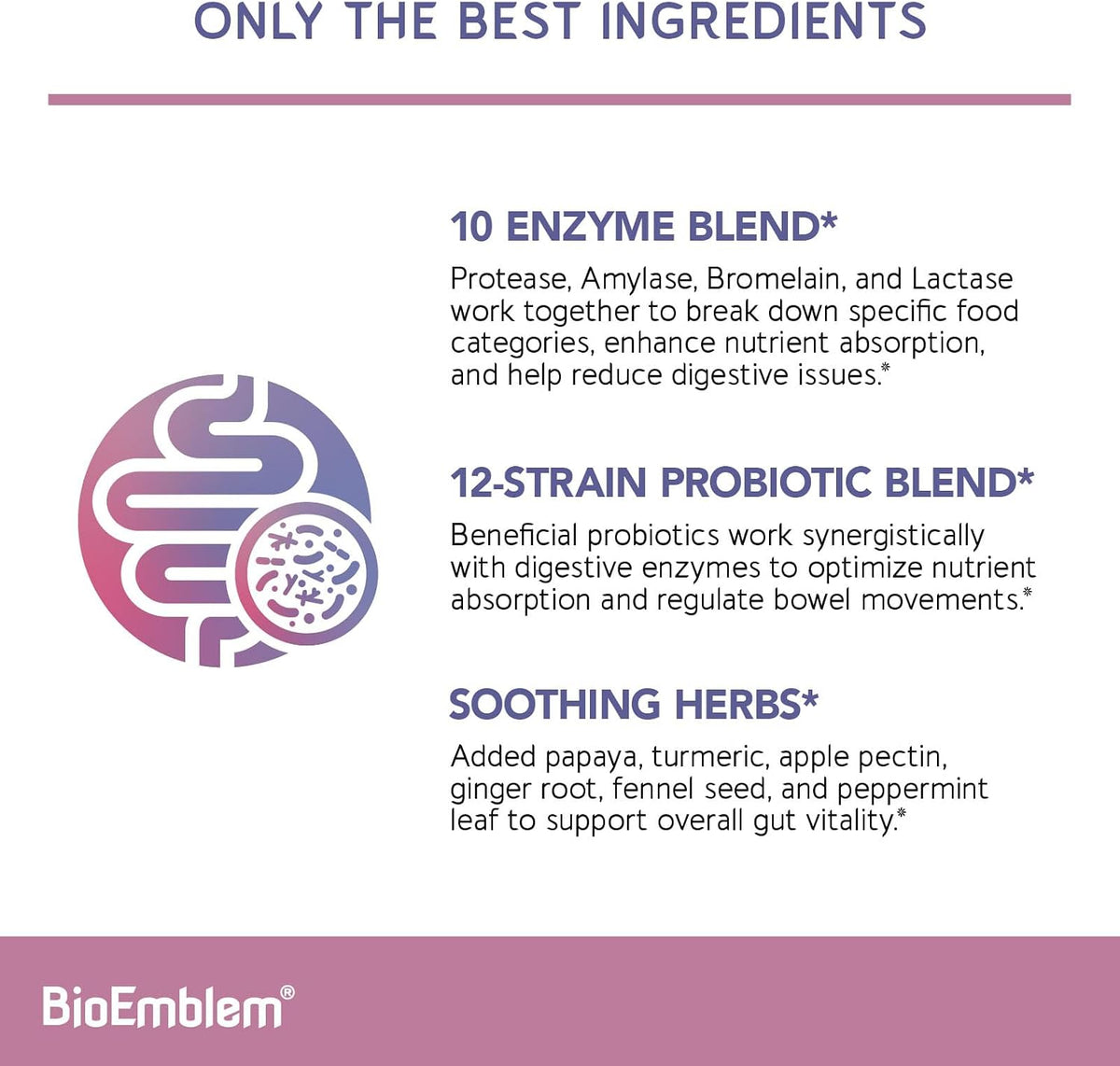BioEmblem Digestive Enzymes - 10 Enzymes w/ 12 Strain 1 Billion CFU Probiotics for Nutrient Absorption & Digestive Support - Papaya, Bromelain & Papain to Help Bloating & Gas - Non-GMO - 60 Capsules