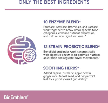 BioEmblem Digestive Enzymes - 10 Enzymes w/ 12 Strain 1 Billion CFU Probiotics for Nutrient Absorption & Digestive Support - Papaya, Bromelain & Papain to Help Bloating & Gas - Non-GMO - 60 Capsules
