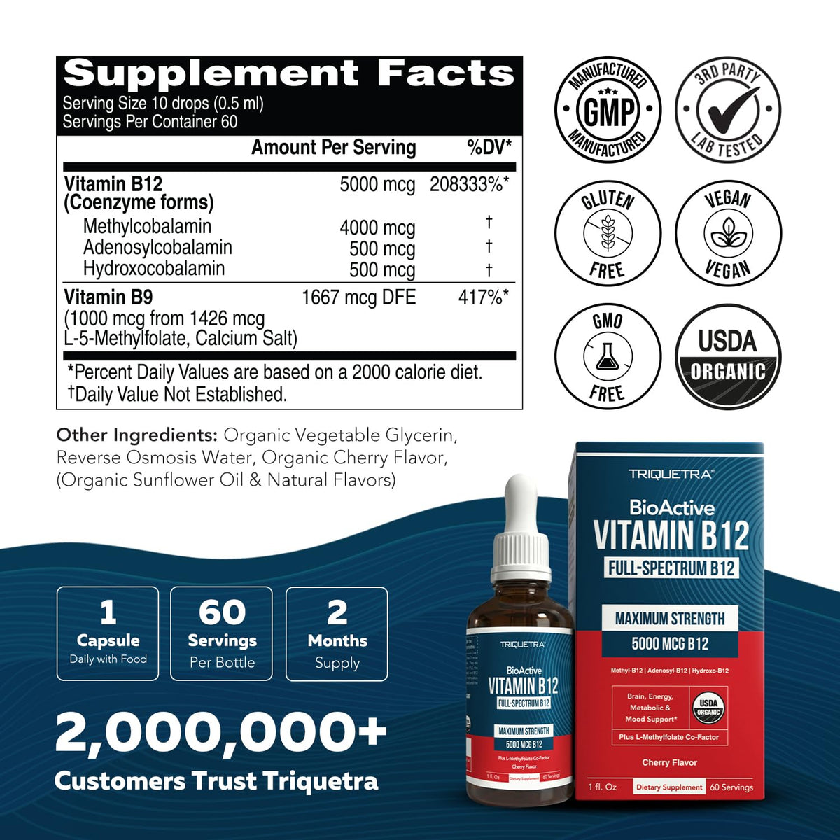 BioActive Vitamin B12 - 5000 mcg, Contains 3 BioActive Forms Methylfolate Cofactor - Methyl B12, Adenosyl B12 & Hydroxy B12 | Supports Energy, Metabolism & Mood | Vegan, Non-GMO (60 Servings)