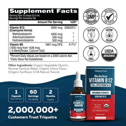 BioActive Vitamin B12 - 5000 mcg, Contains 3 BioActive Forms Methylfolate Cofactor - Methyl B12, Adenosyl B12 & Hydroxy B12 | Supports Energy, Metabolism & Mood | Vegan, Non-GMO (60 Servings)