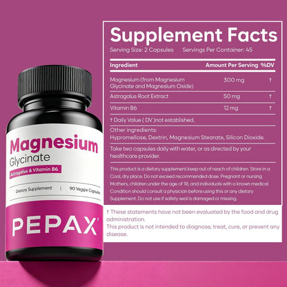 Magnesium Glycinate 300mg - High Absorption Chelated Magnesium Supplement for Sleep, Muscle Relaxation & Leg Cramps, with Vitamin B6 & Astragalus, Vegan, Non-GMO, Gluten-Free, 90 Capsules, Made in USA