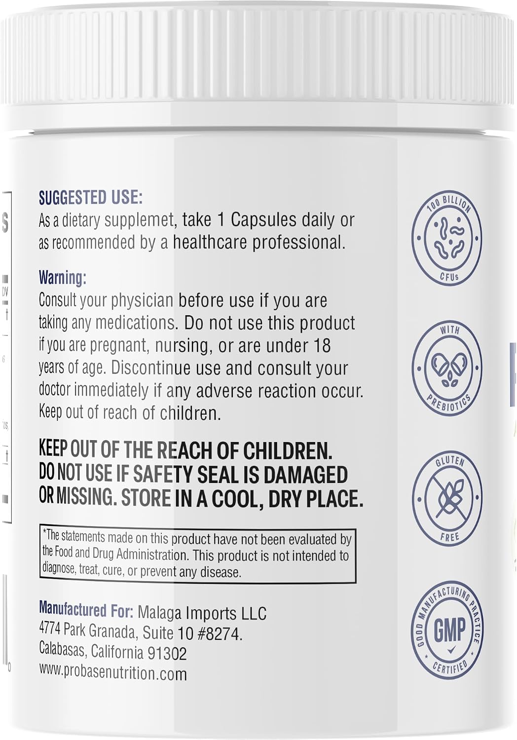 Probase Nutrition Probiotic, 100 Billion CFU, 10 Strains with Prebiotics, 30 Veggie Capsules, Gluten Free for Men and Women, 30-Day Supply