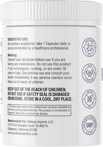 Probase Nutrition Probiotic, 100 Billion CFU, 10 Strains with Prebiotics, 30 Veggie Capsules, Gluten Free for Men and Women, 30-Day Supply