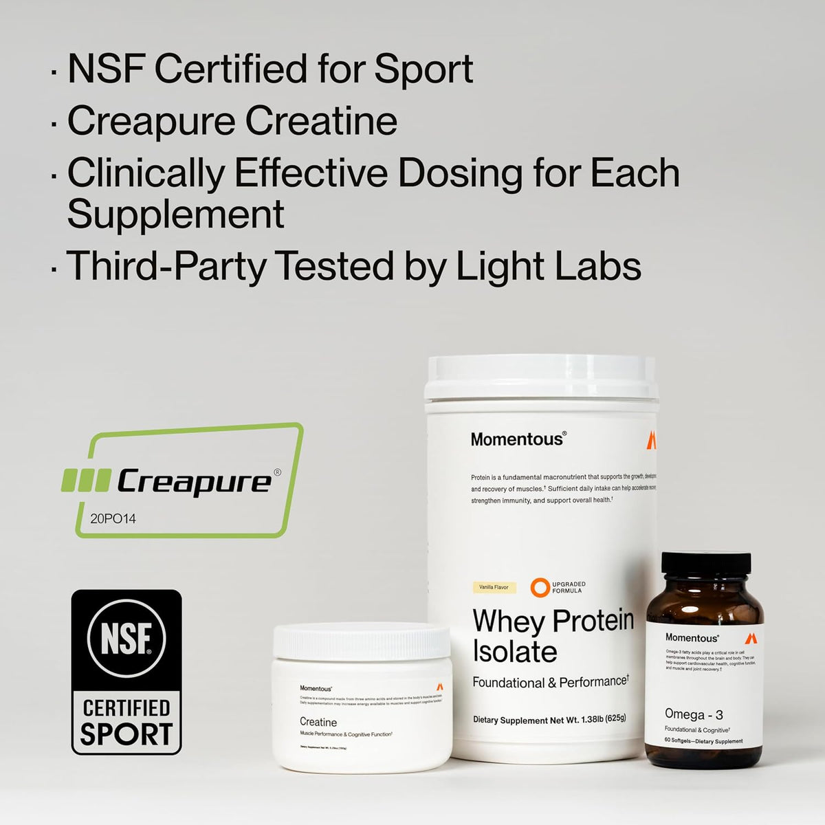 Momentous Three - Creatine Monohydrate Powder (90 Servings), Grass-Fed Whey Protein Powder (Vanilla) & Omega-3 Fish Oil 1600mg - Daily Essentials for Strength, Performance & Lean Muscle Recovery