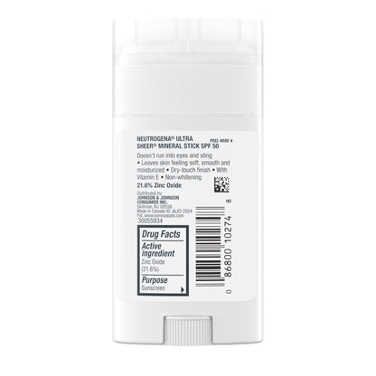 Neutrogena Ultra Sheer Dry Touch SPF 50 Mineral Sunscreen Stick for Sensitive Skin, Zinc Oxide, Body & Face Sunscreen